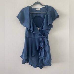 American Threads Navy Ruffled V Neck Sashed Boho Romper Women's Size M (0617)